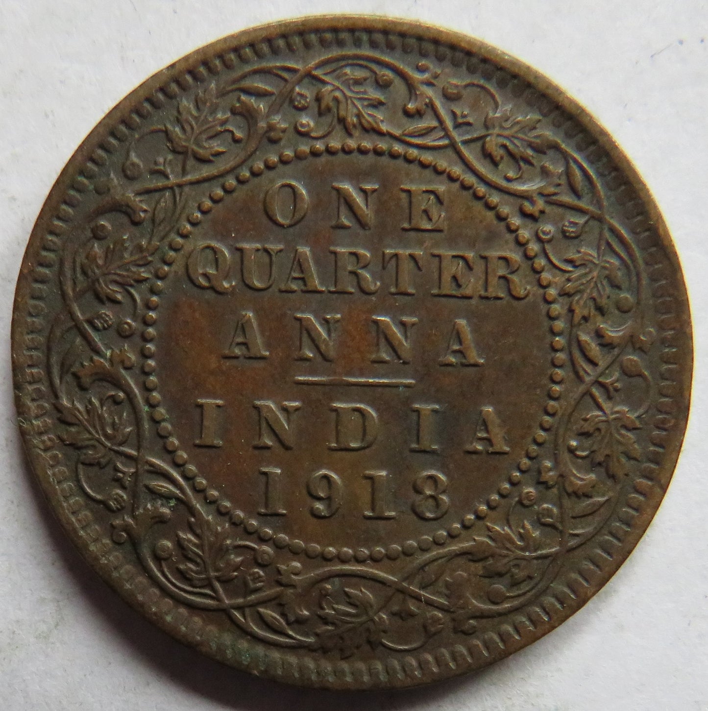 1918 King George V India 1/4 Anna Coin