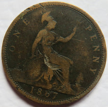 Load image into Gallery viewer, 1867 Queen Victoria Bun Head One Penny Coin - Great Britain
