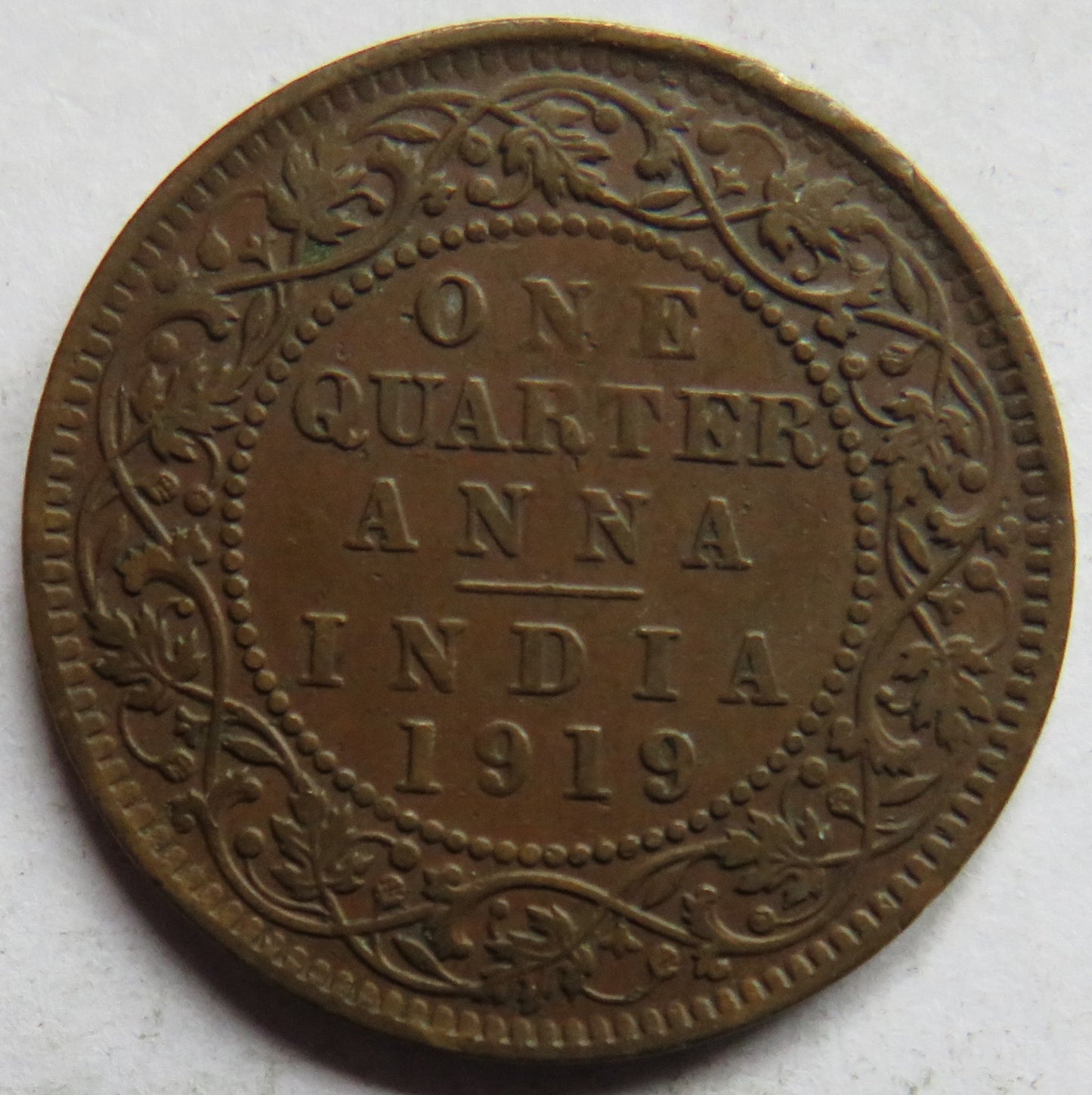 1919 King George V India 1/4 Anna Coin