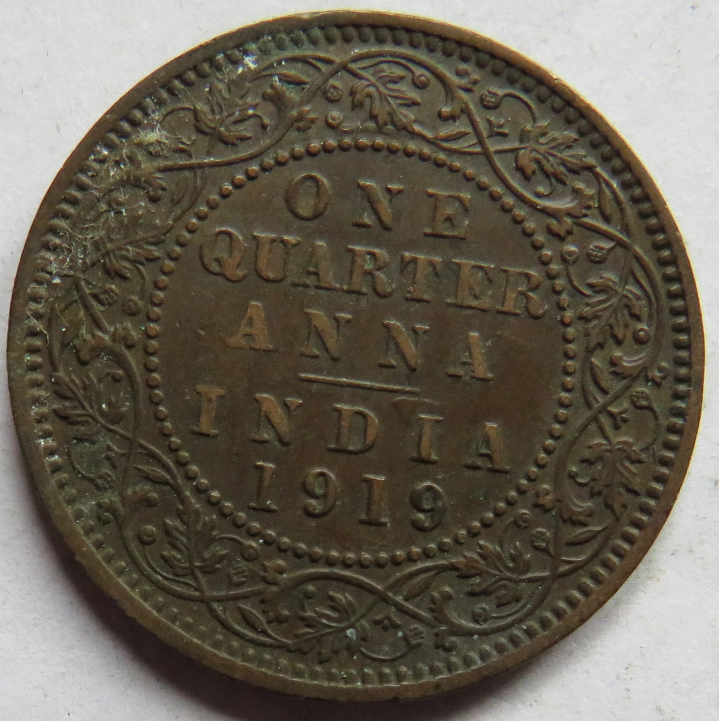 1919 King George V India 1/4 Anna Coin