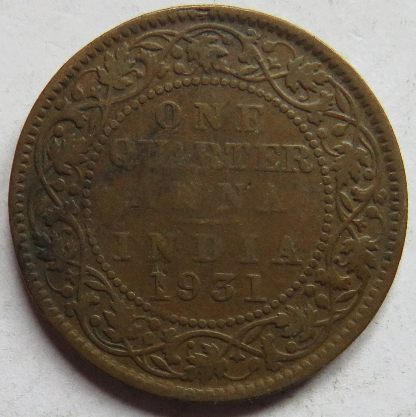 1931 King George V India 1/4 Anna Coin
