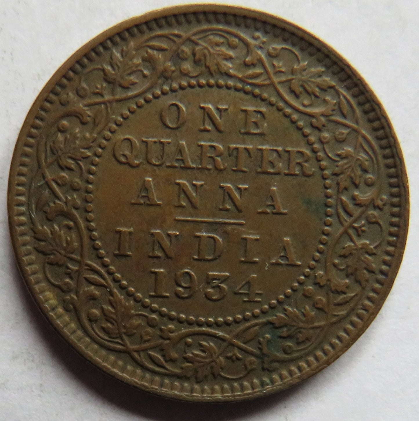 1934 King George V India 1/4 Anna Coin