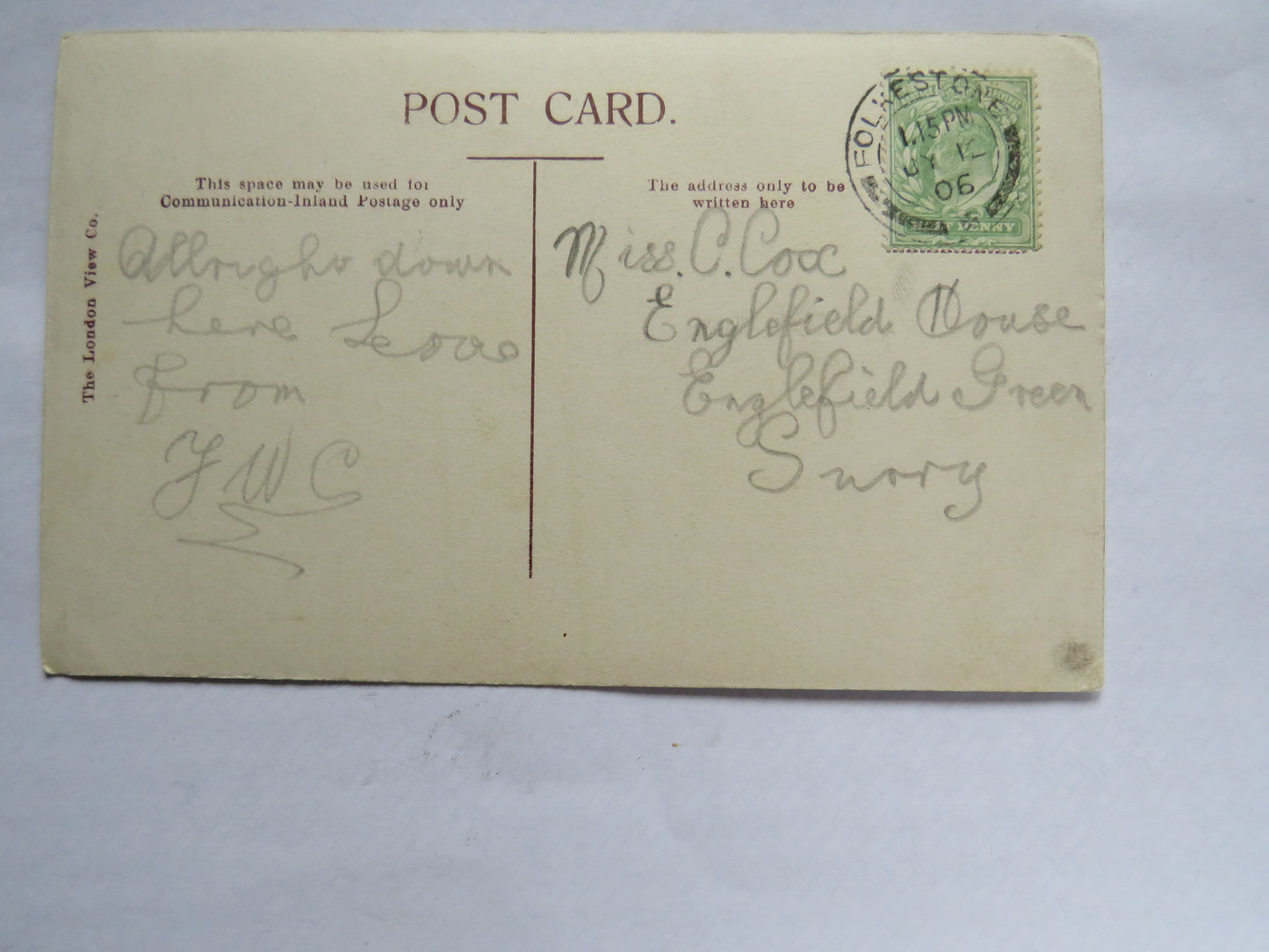 Vintage Postcard of Greetings from Folkestone 1906