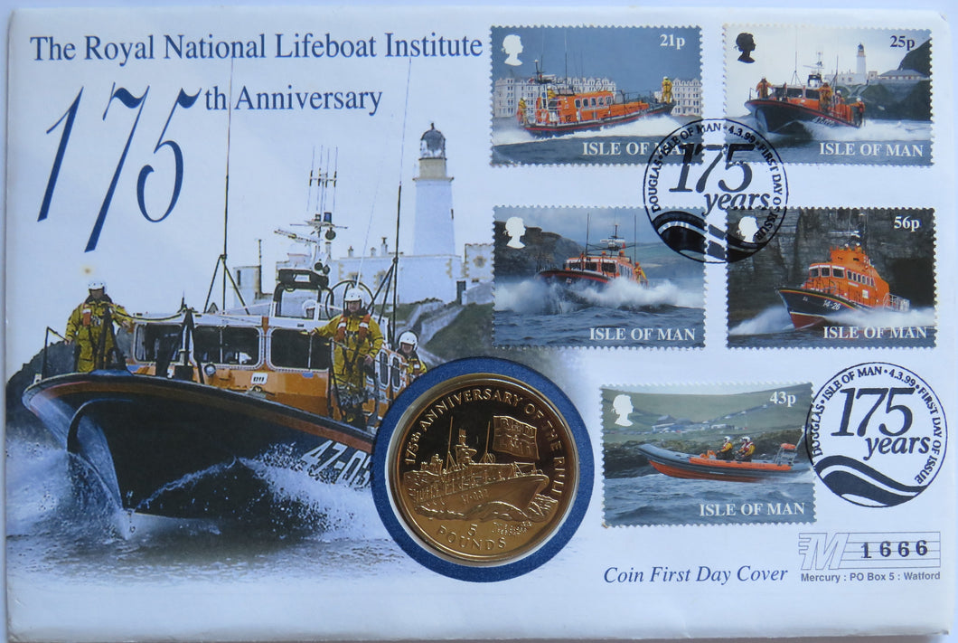 1999 Isle of Man £5 Coin & Stamp Cover The Royal National Lifeboat Institute 175th Anniversary
