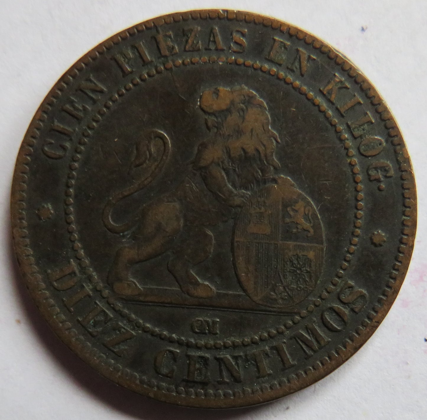 1870 Spain 10 Centimos Coin