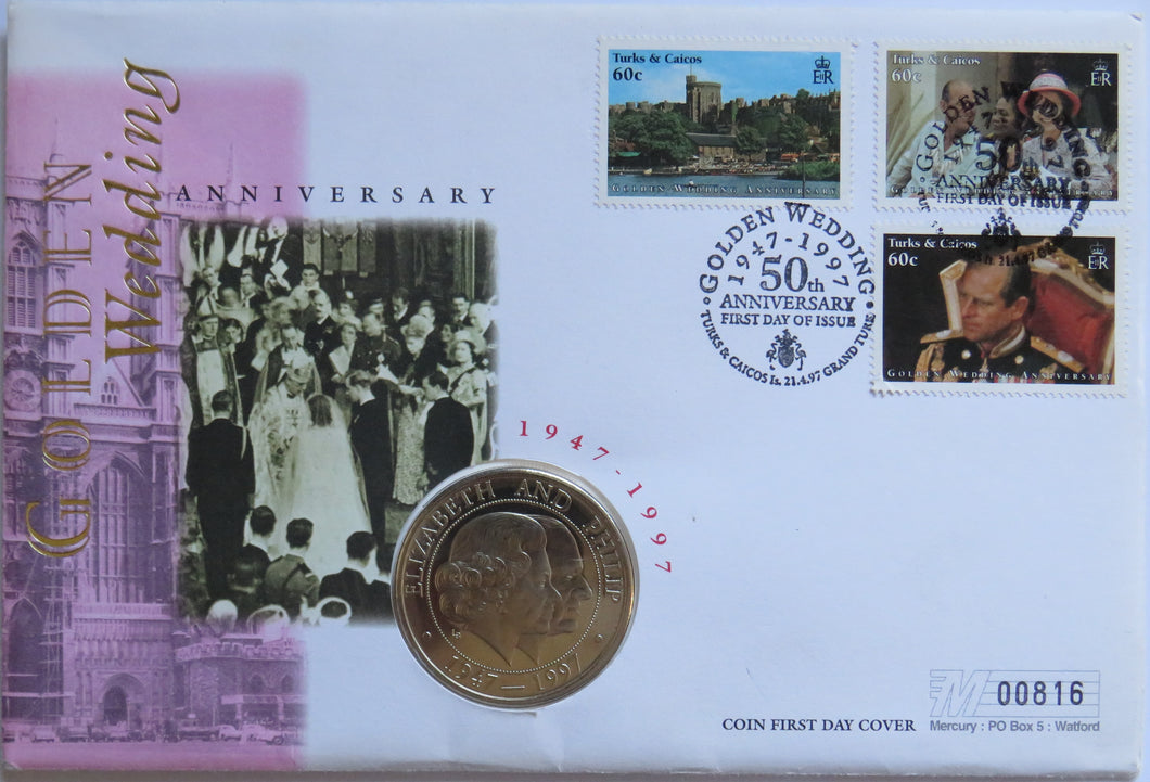 1947-1997 Turks and Caicos Islands Five Crowns Coin & Stamp Cover Golden Jubilee