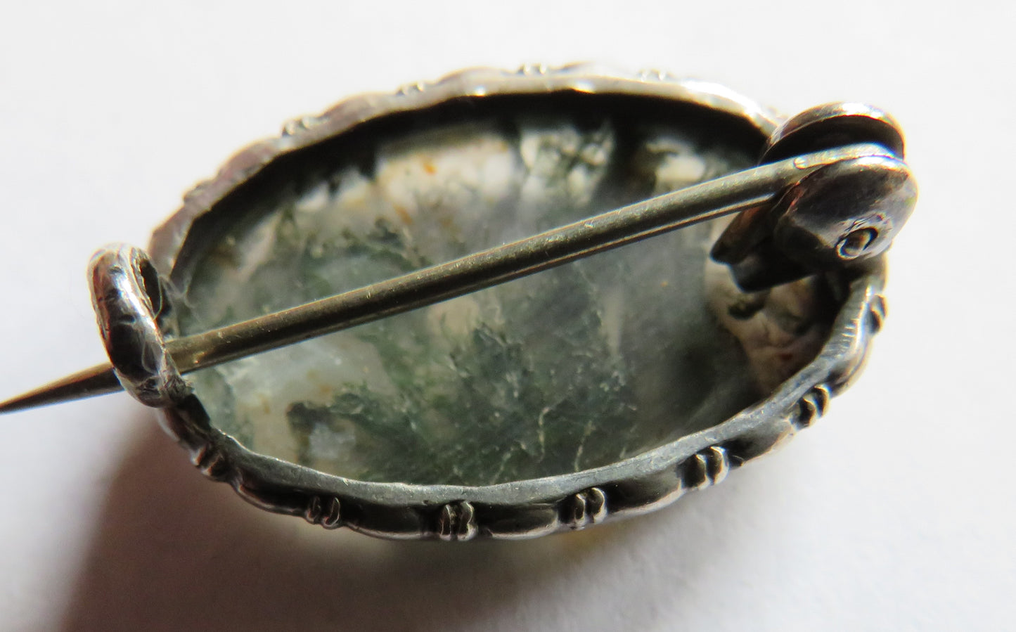 Antique White Metal & Moss Agate Small Scottish Brooch