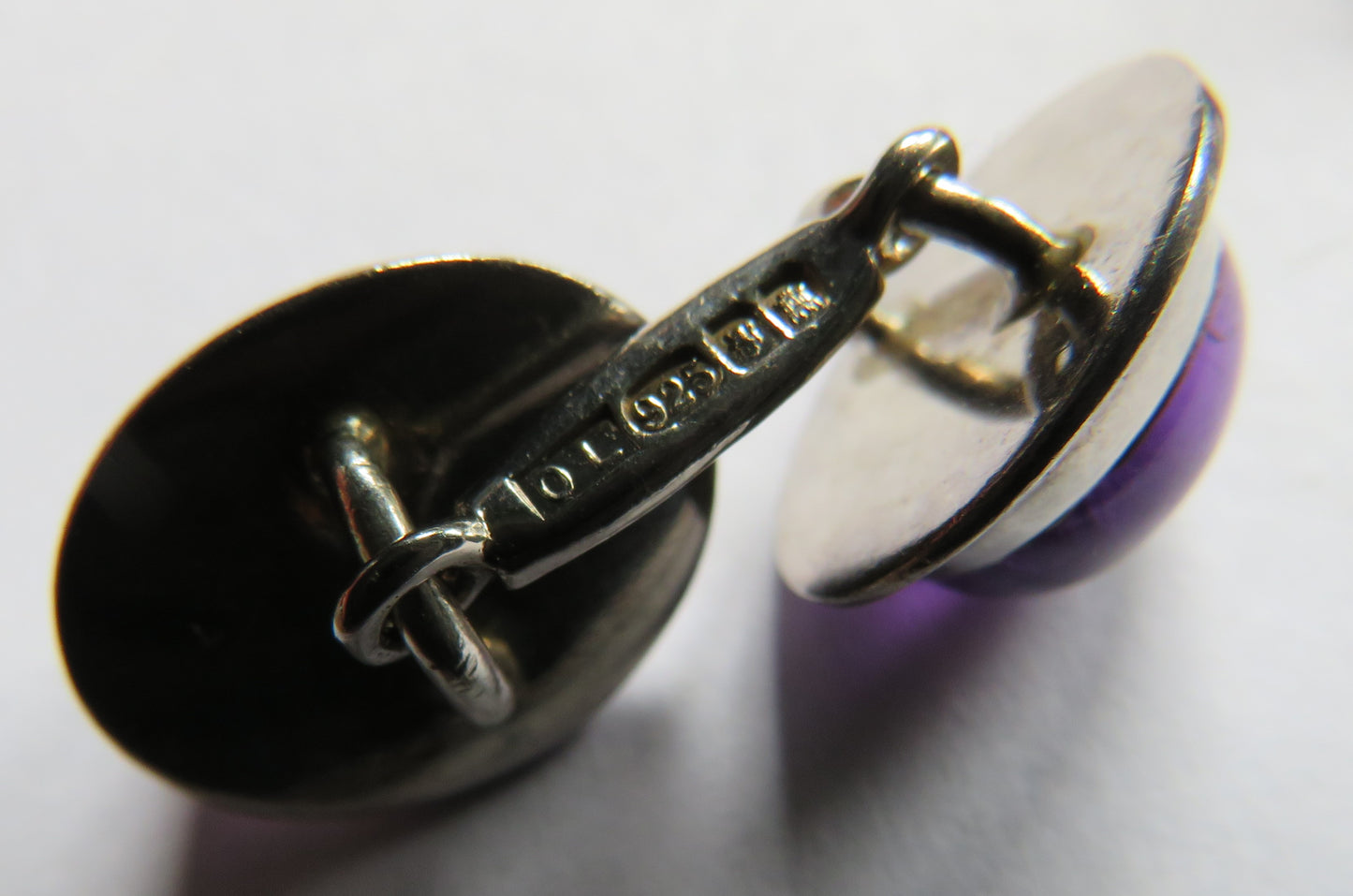 Stylish Pair of Men's Sterling Silver & Purple Stone Cufflinks Edinburgh Hallmarks