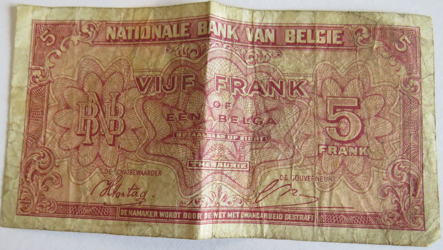 1943 Belgium 5 Francs Banknote