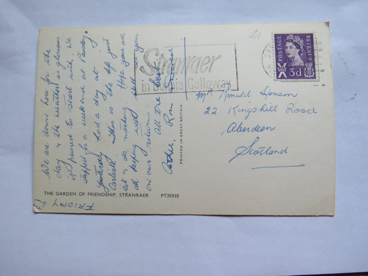 Vintage Postcard of The Garden of Friendship, Stranraer