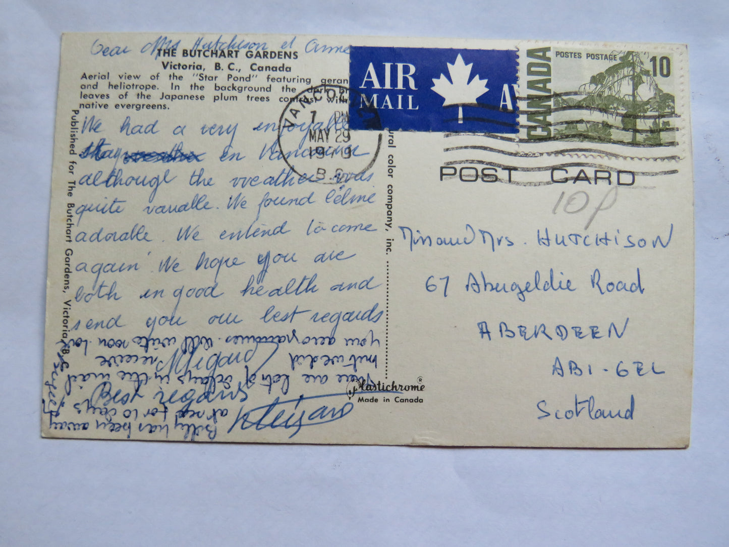 Vintage Postcard of The Butchart Gardens, Victoria B. C. Canada