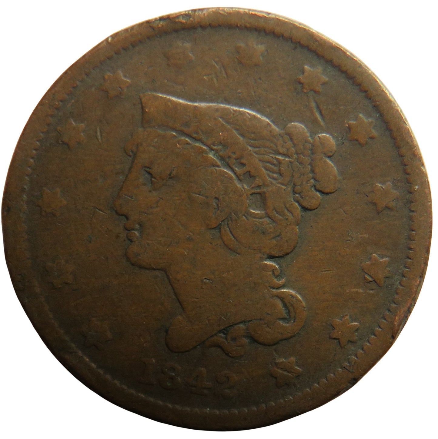 1842 United States of America Braided Hair One Cent Coin
