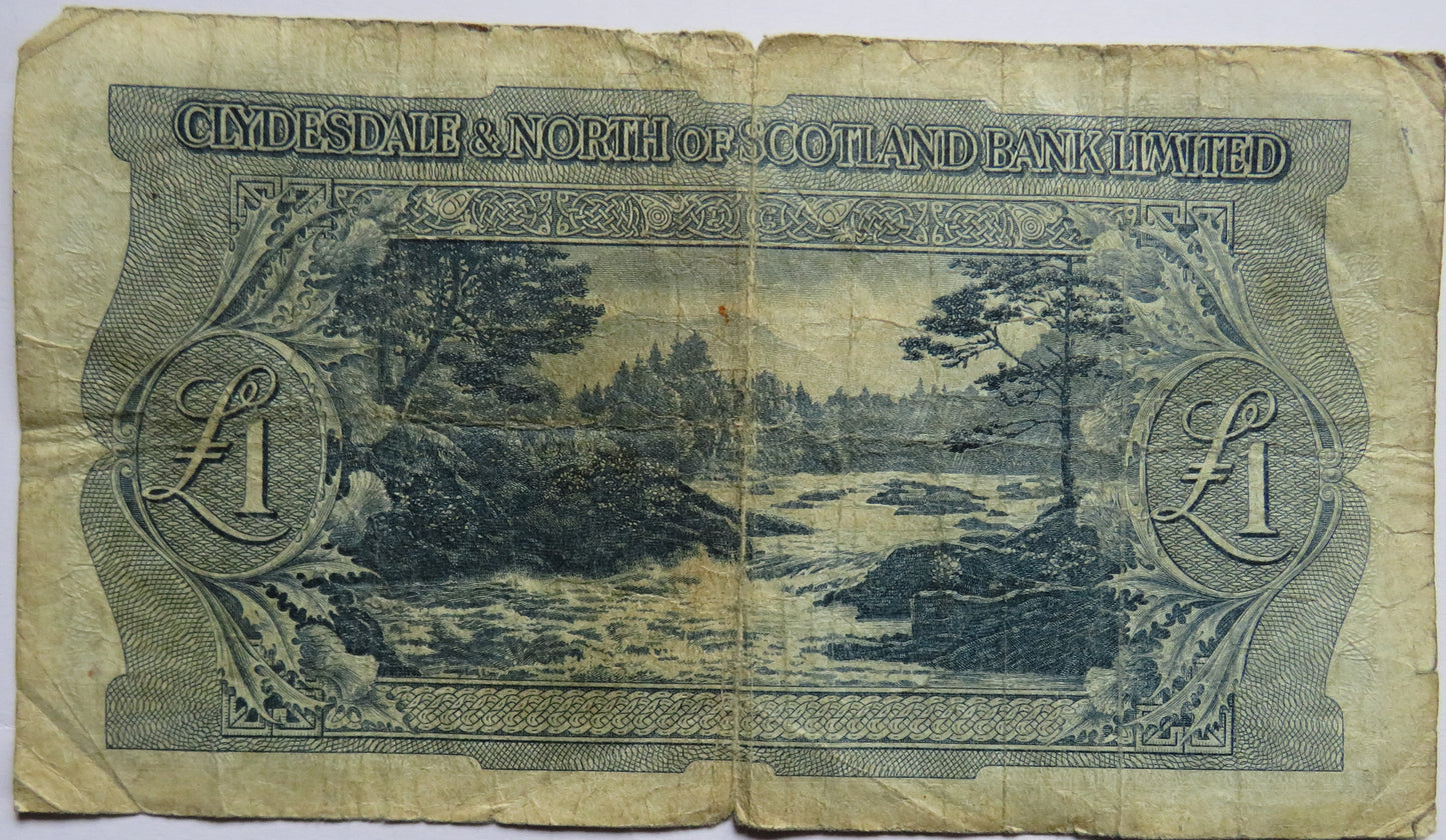 1955 Clydesdale & North of Scotland Bank £1 One Pound Banknote