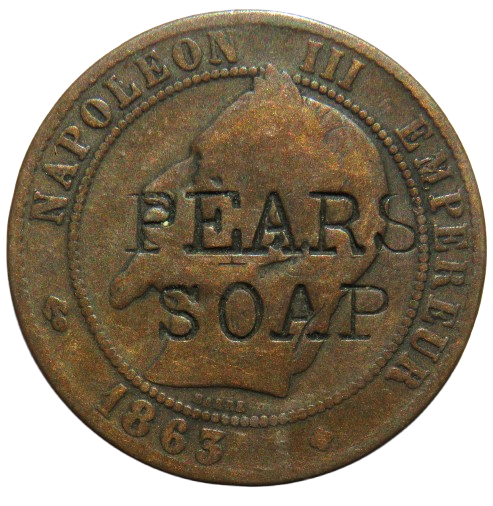 1863 France 10 Centimes Coin Stamped "Pear's Soap"