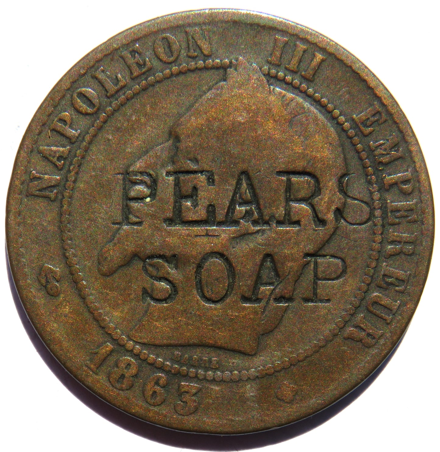 1863 France 10 Centimes Coin Stamped "Pear's Soap"