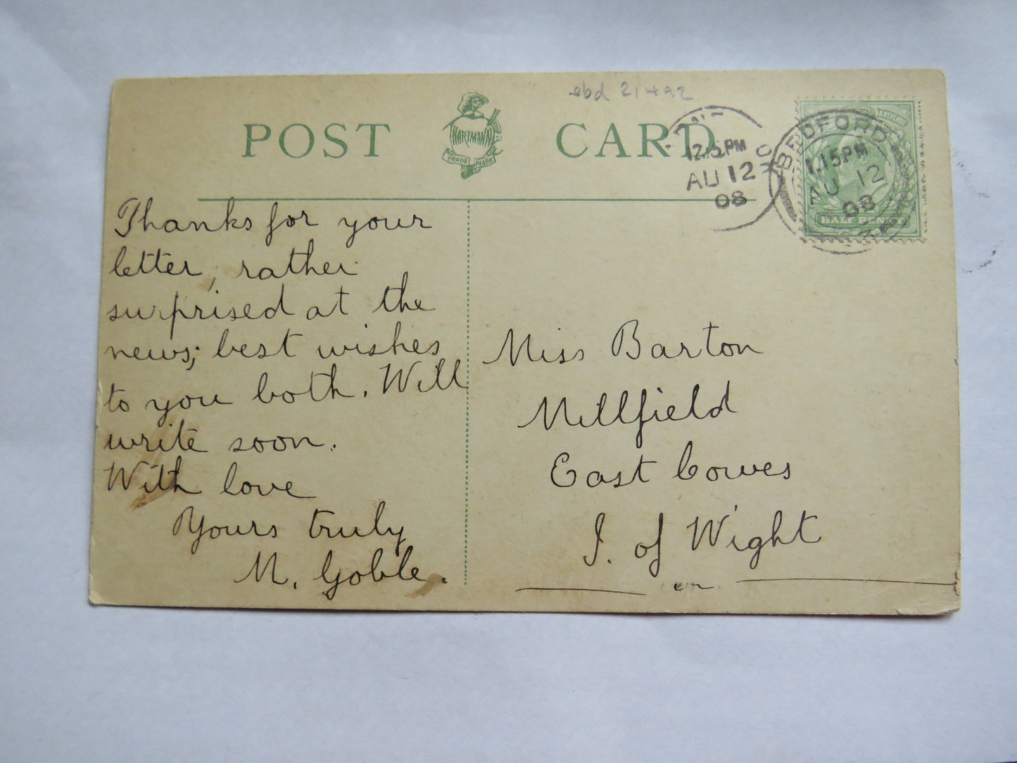 Vintage Postcard of River from Chetham's Boat Yard, Bedford, 1908