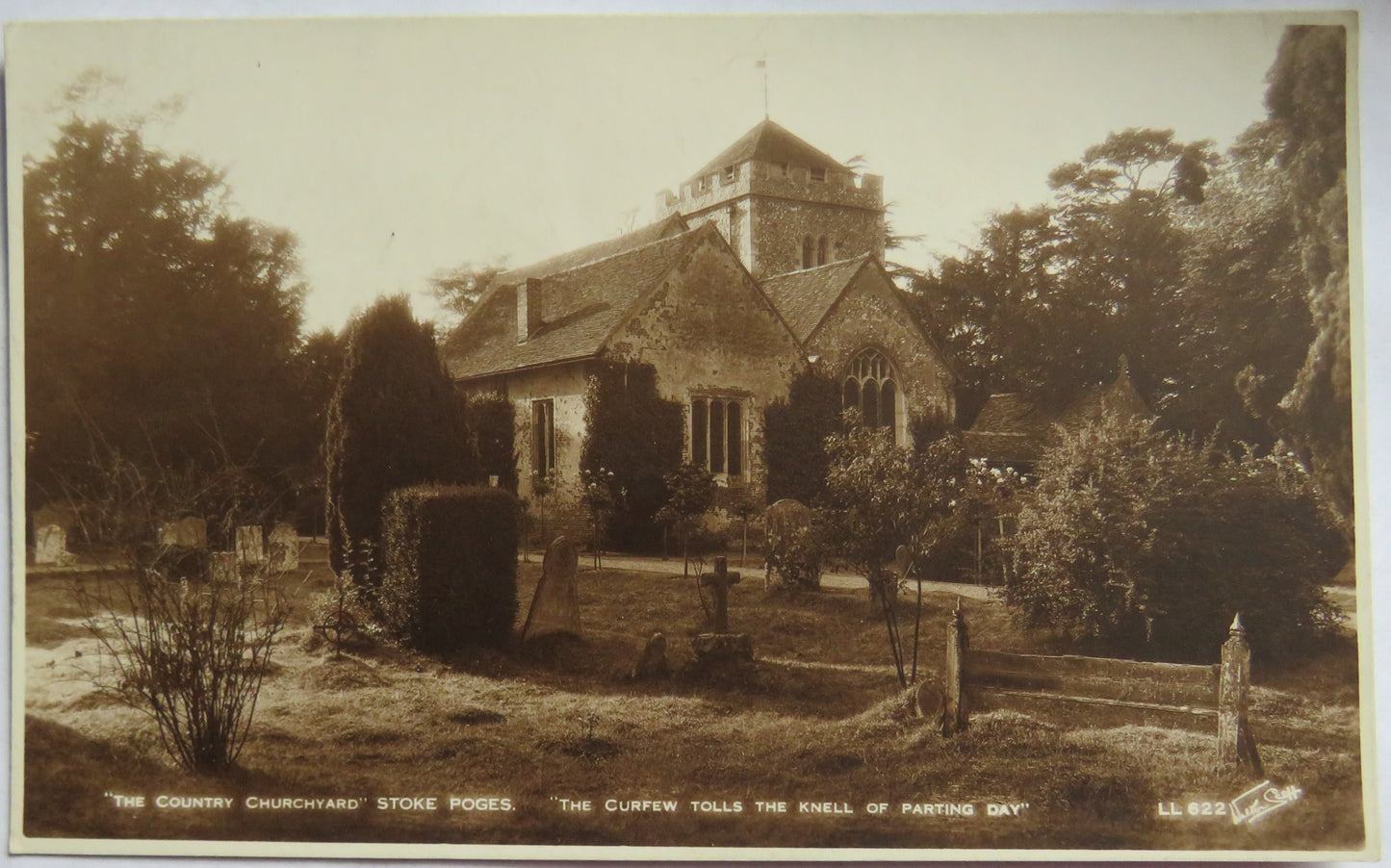 Vintage Postcard of The Country Churchyard Poges. The Curfew Tolls the Knell of Parting Day