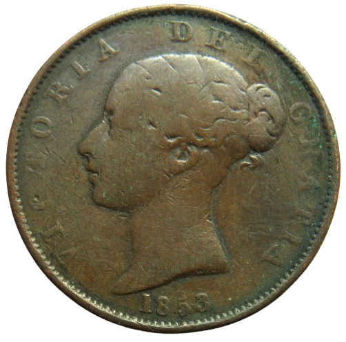 1853 Queen Victoria Young Head Halfpenny Coin - Great Britain
