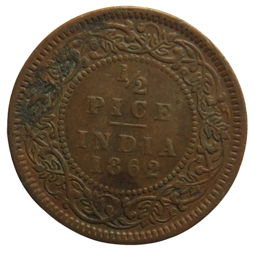 1862 Queen Victoria India 1/2 Pice Coin