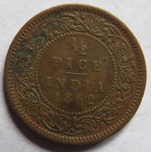 Load image into Gallery viewer, 1862 Queen Victoria India 1/2 Pice Coin
