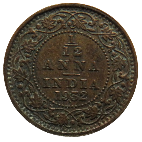 1932 King George V India 1/12th Anna Coin