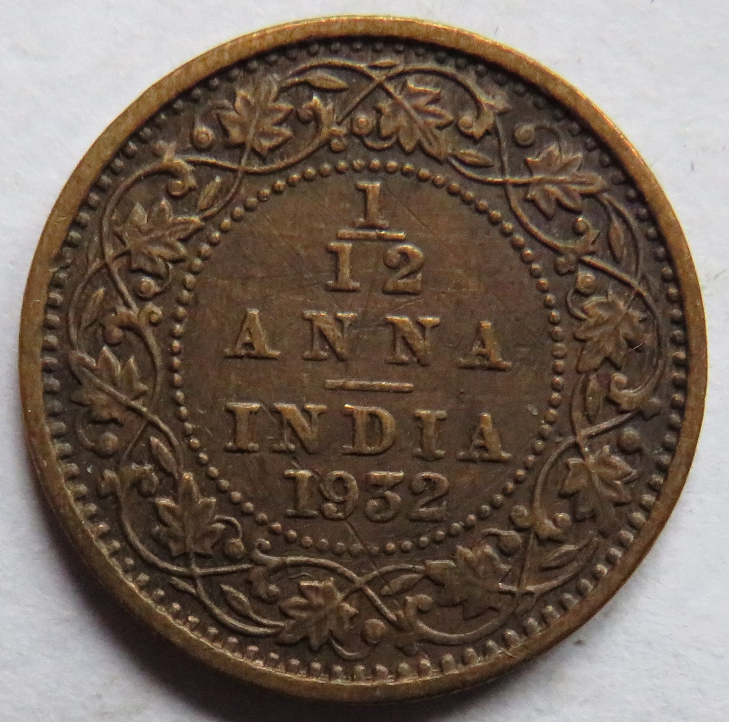 1932 King George V India 1/12th Anna Coin