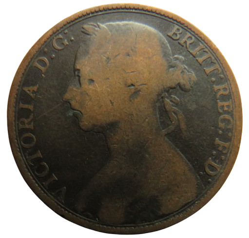 1891 Queen Victoria Bun Head One Penny Coin- Great Britain