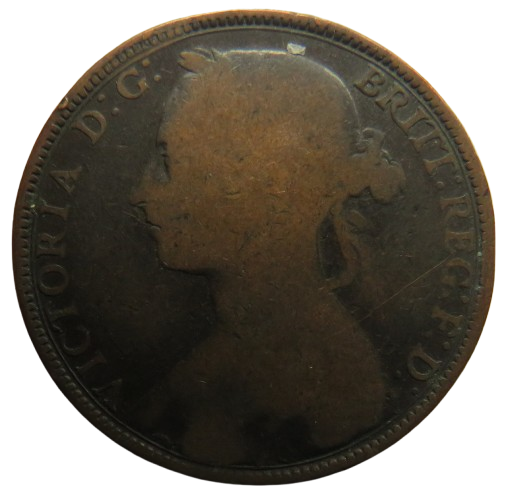1892 Queen Victoria Bun Head One Penny Coin- Great Britain