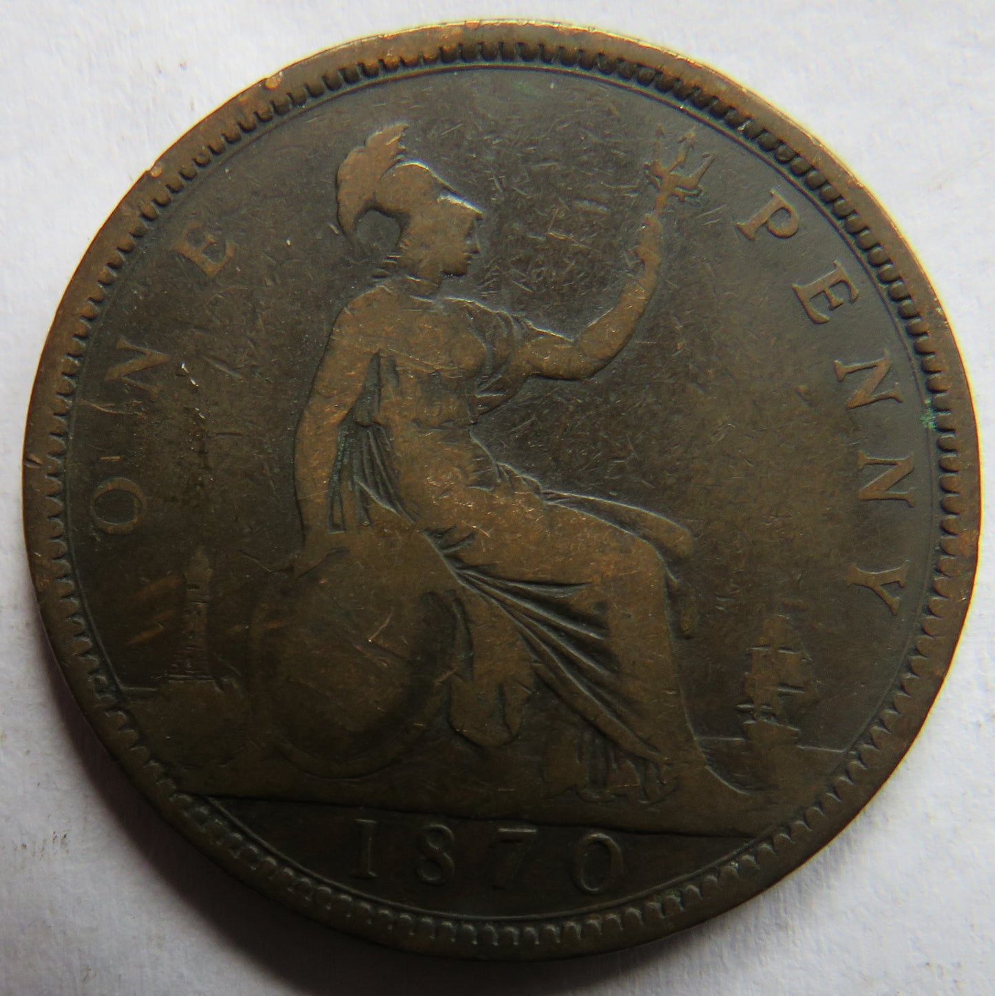 1870 Queen Victoria Bun Head One Penny Coin - Great Britain