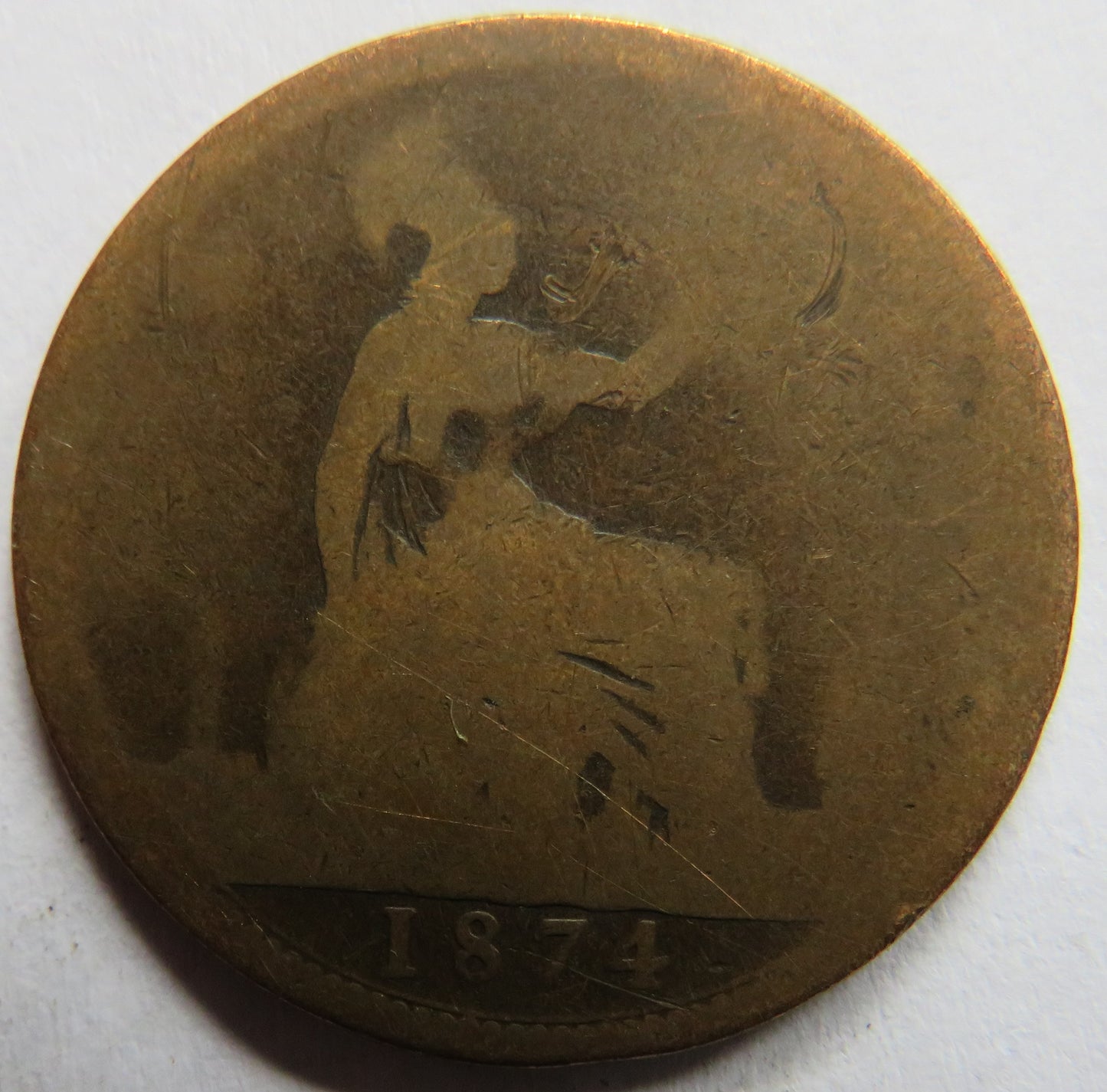 1874 Queen Victoria Bun Head One Penny Coin - Great Britain