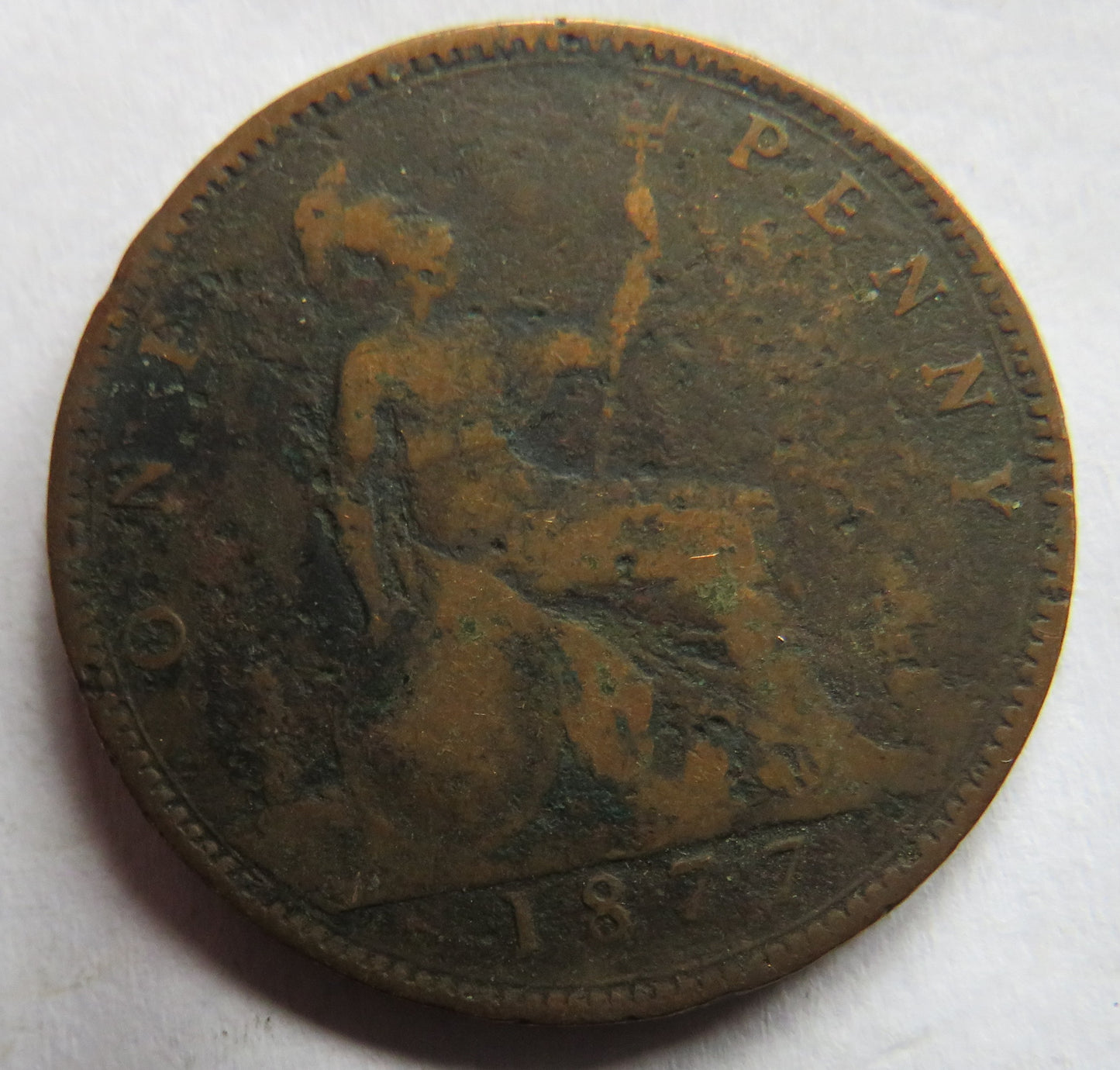 1877 Queen Victoria Bun Head One Penny Coin - Great Britain
