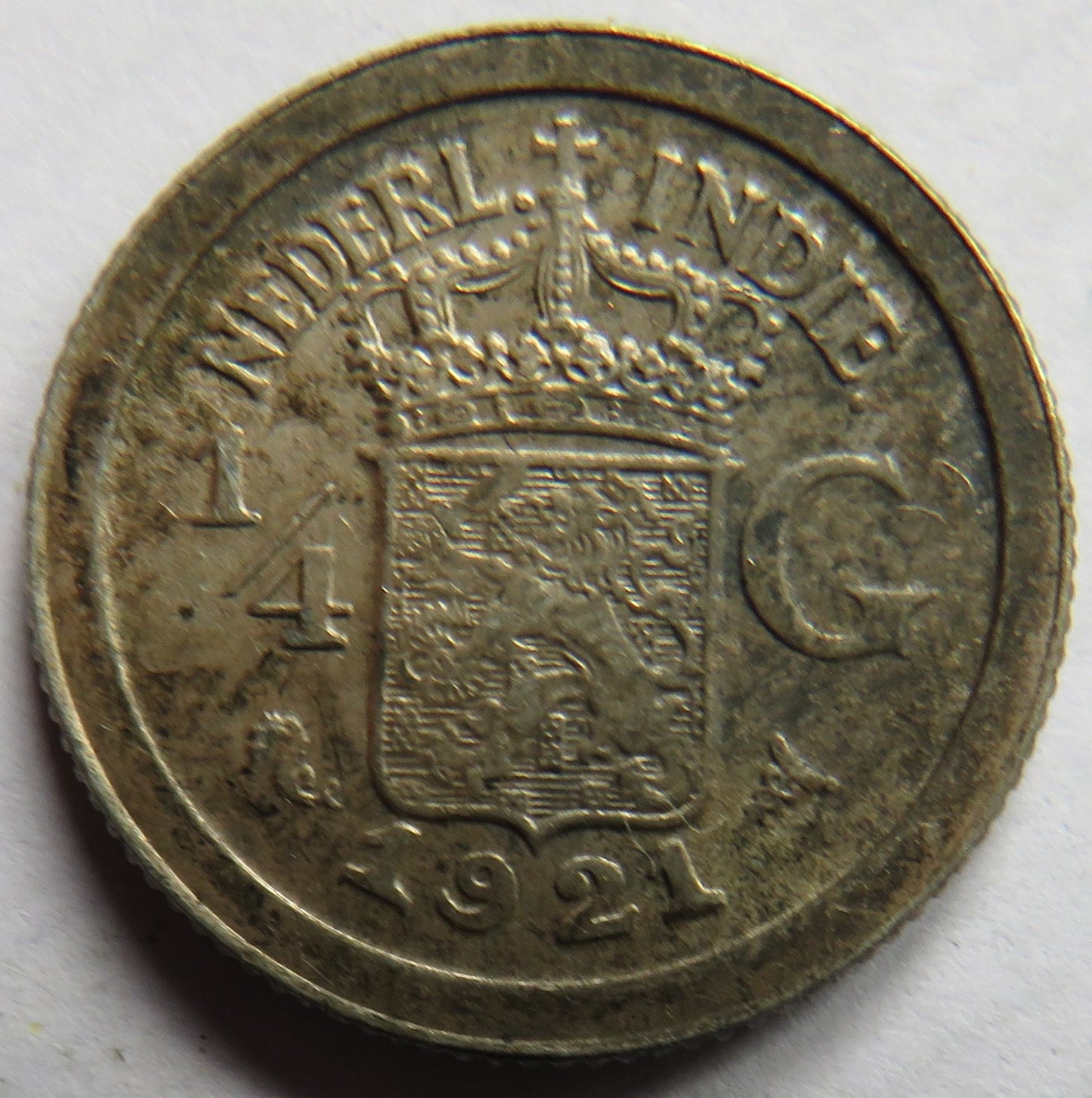 1921 Netherlands East Indies Silver 1/4 Gulden Coin