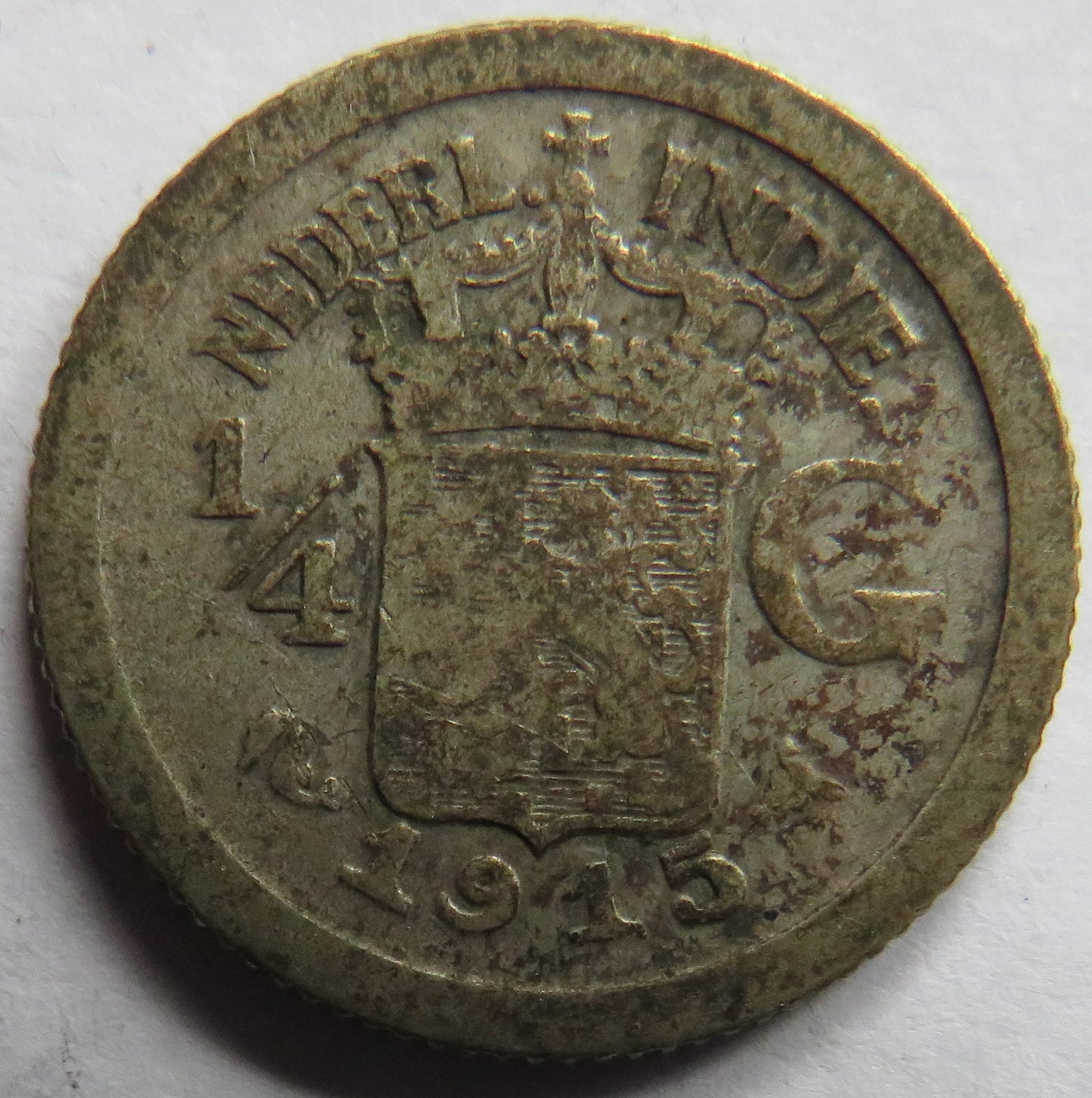 1915 Netherlands East Indies Silver 1/4 Gulden Coin