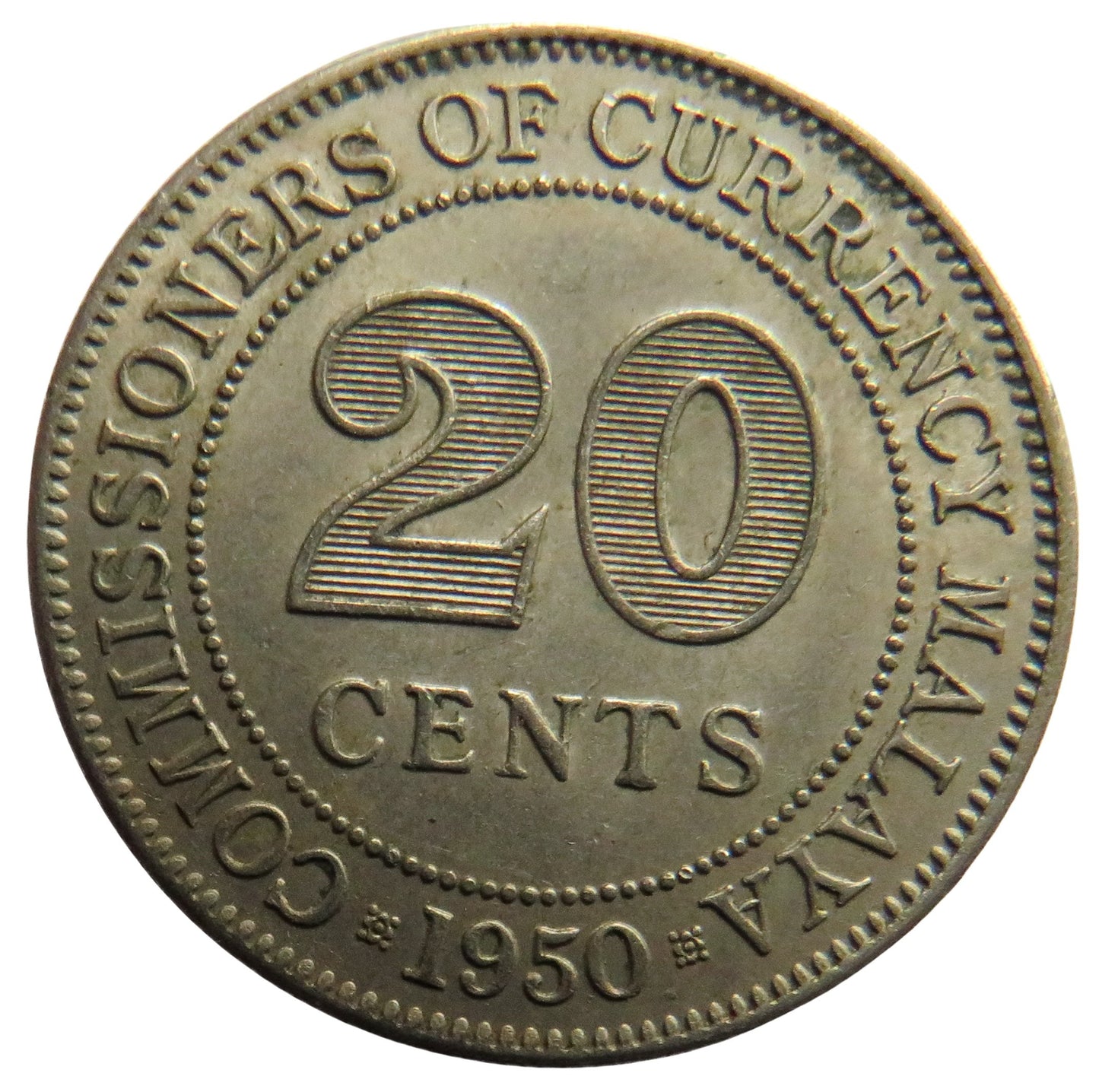 1950 King George VI Commissioners of Currency Malaya 20 Cents Coin