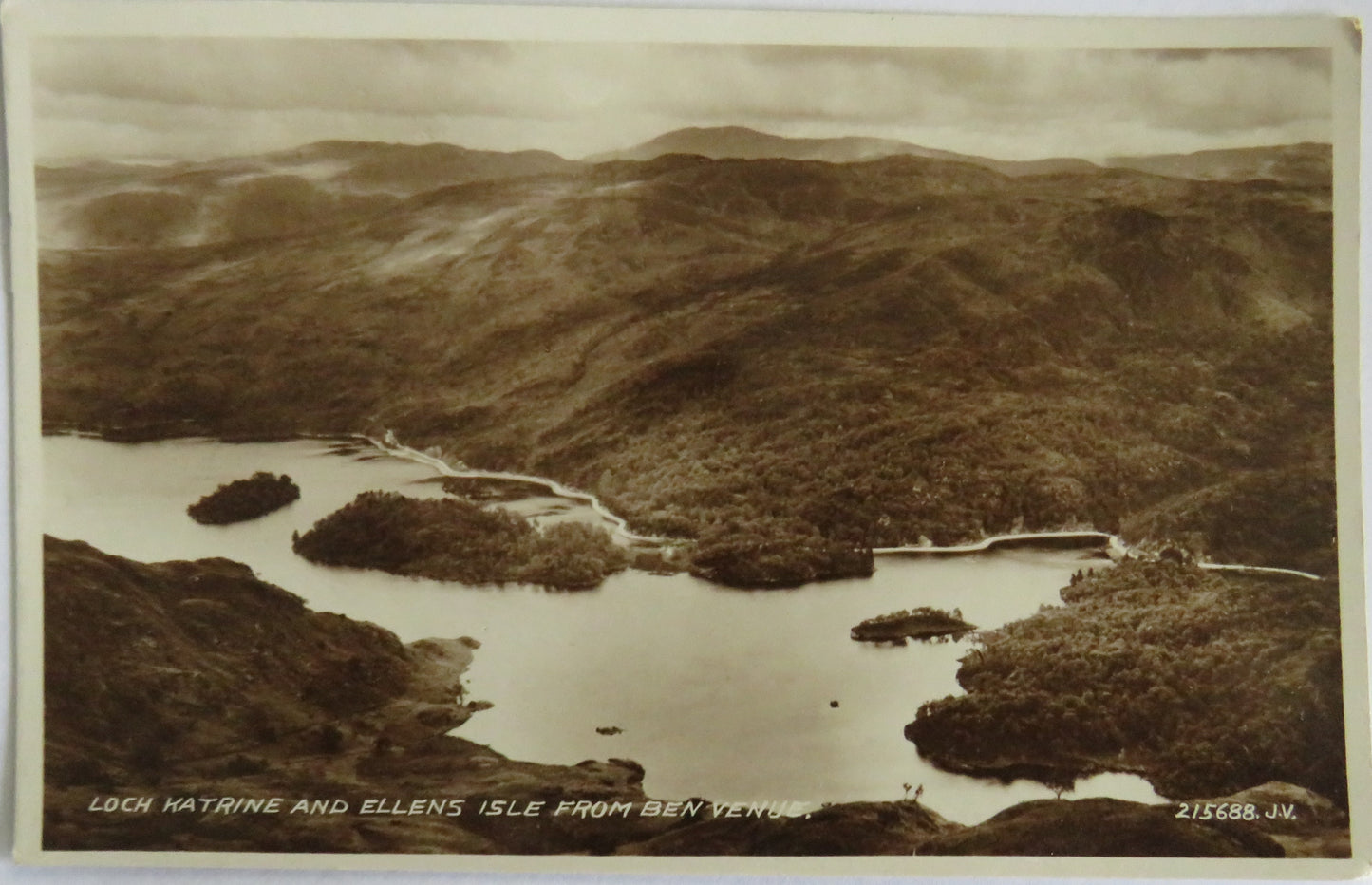 Old Postcard of Loch Katrine and Ellens Isle From Ben Venue 1938