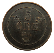 Load image into Gallery viewer, 1897 Sweden 5 Ore Coin
