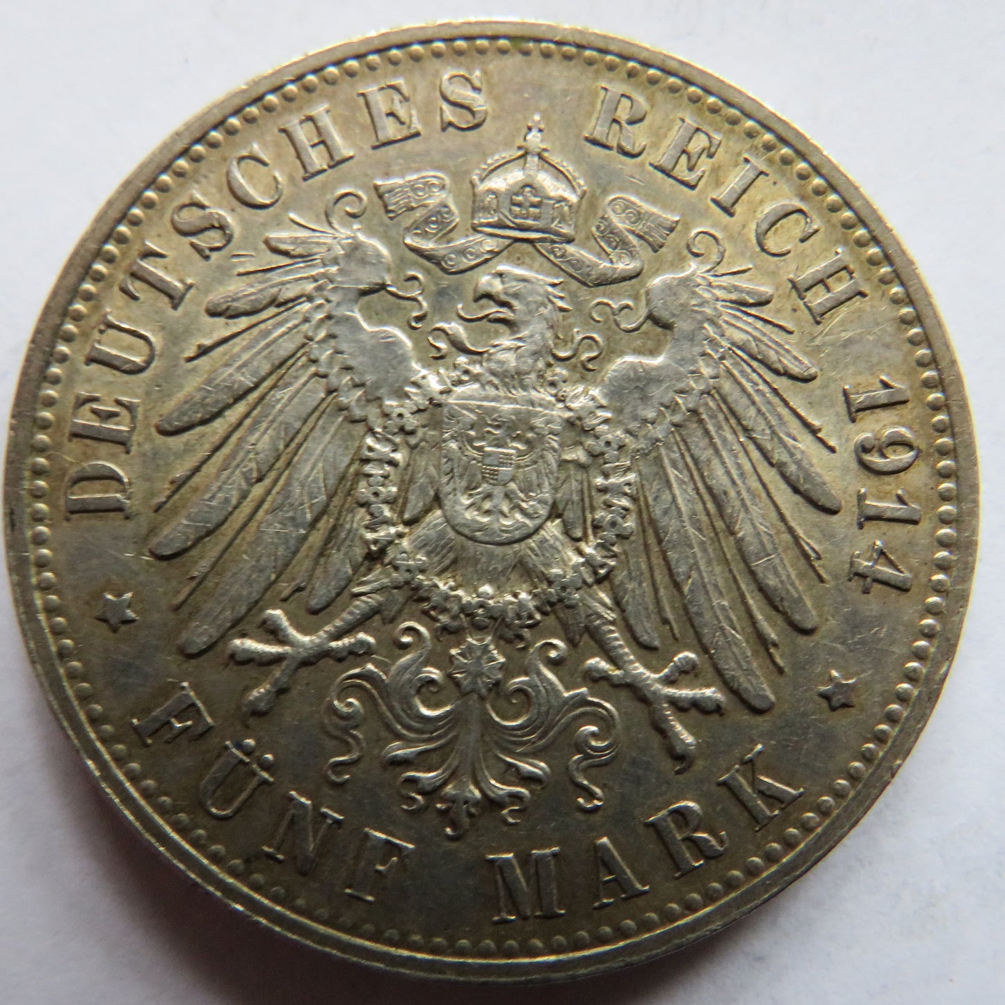 1914-E German States Saxony-Albertine Silver 5 Mark Coin