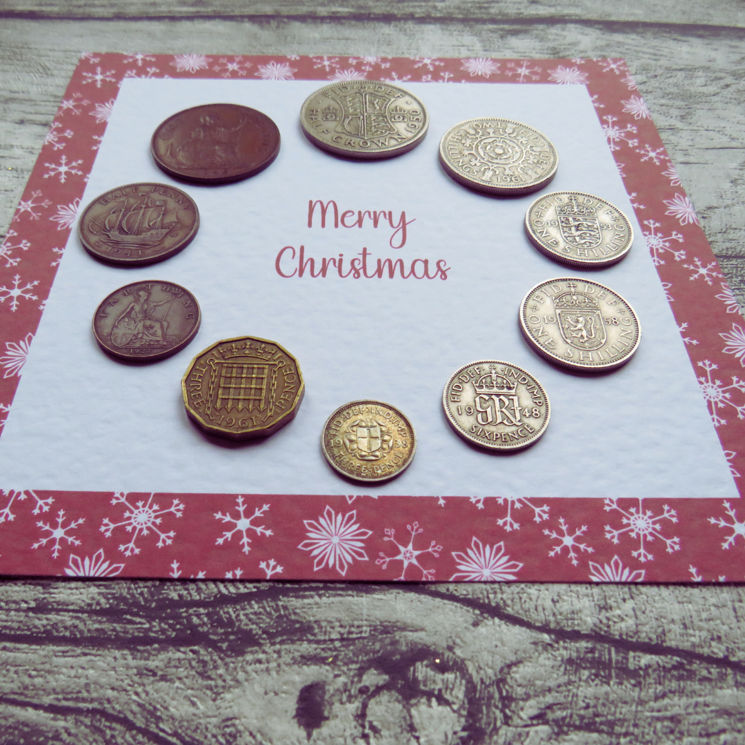 Mounted Pre-Decimal Christmas Coin Set with Festive Red Snowflake Design – Genuine British Coins