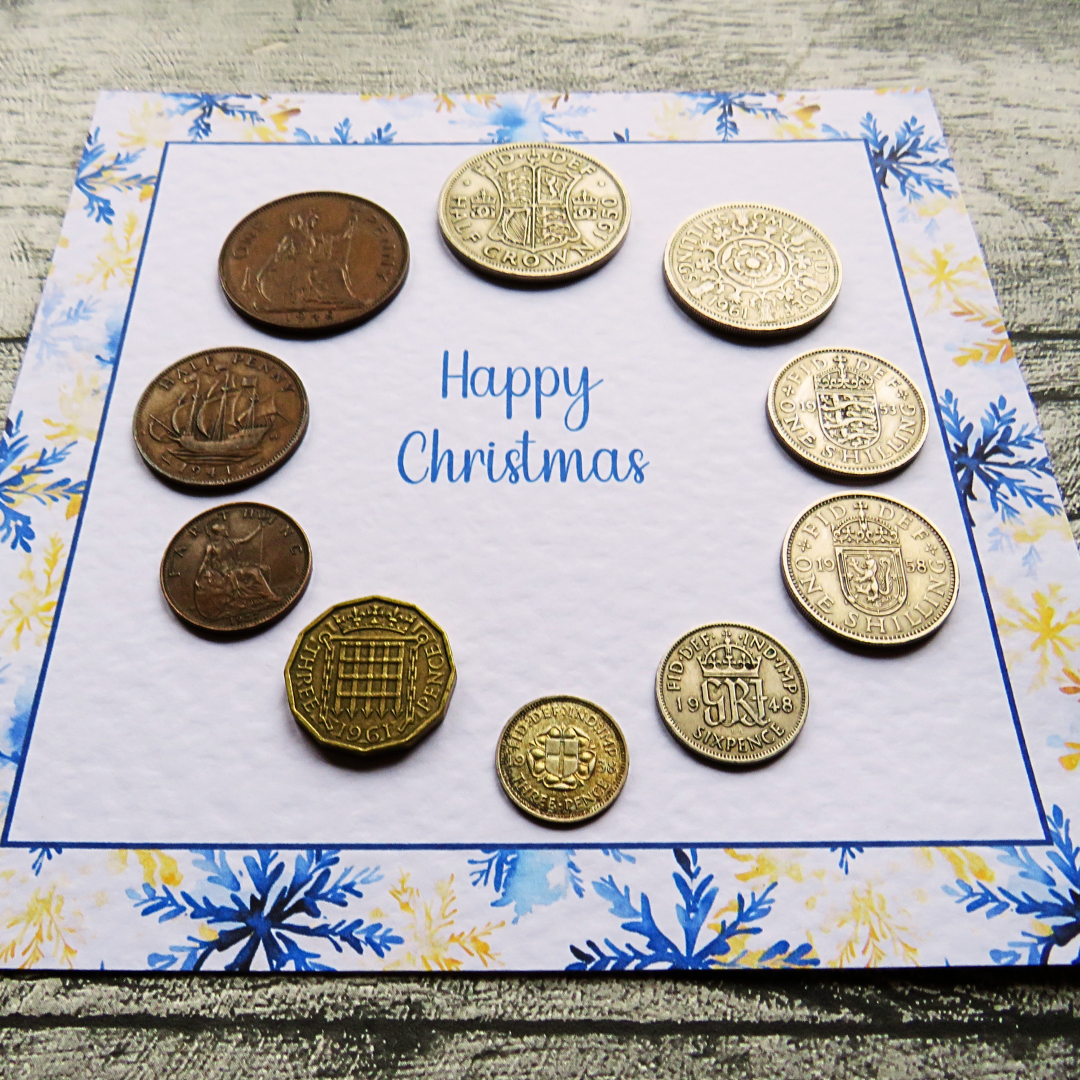 Mounted Pre-Decimal Christmas Coin Set with Snowflake Design – Genuine British Coins