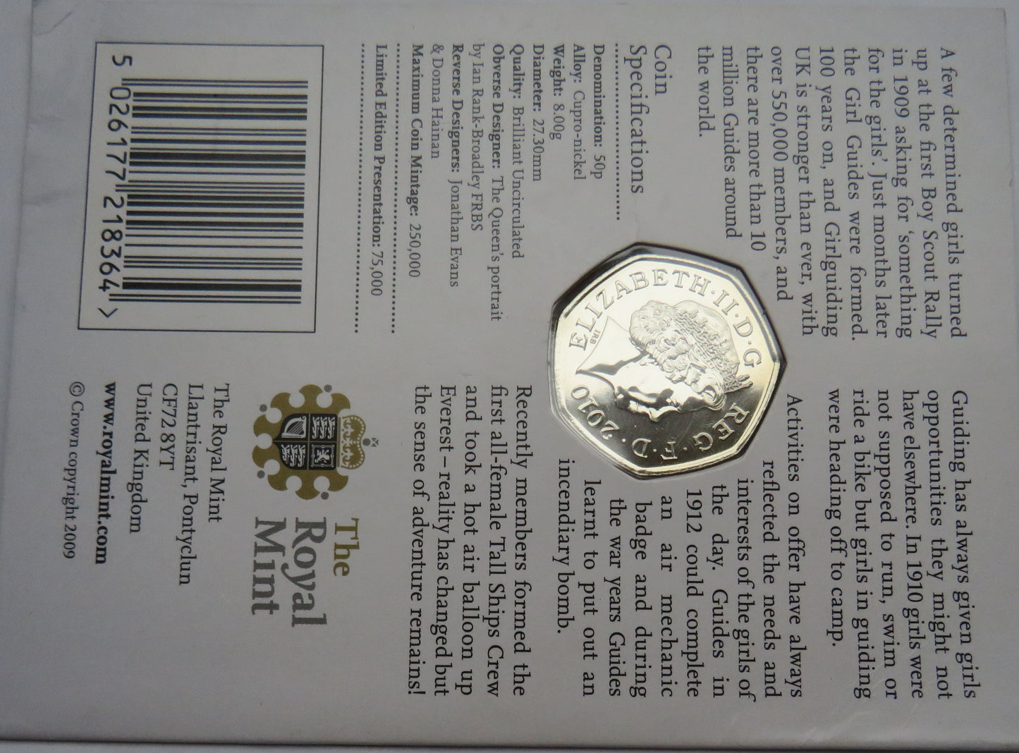2010 Celebrating 100 Years Of Girlguiding UK 50p Fifty Pence Bunc Coin