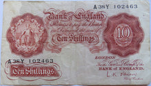 Load image into Gallery viewer, Bank of England 10 Ten Shillings Note (A38Y) L.K. O&#39;Brien (1955-1961)
