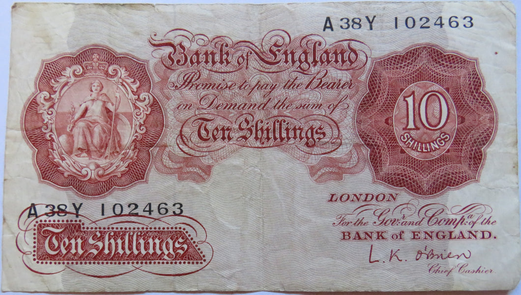 Bank of England 10 Ten Shillings Note (A38Y) L.K. O'Brien (1955-1961)