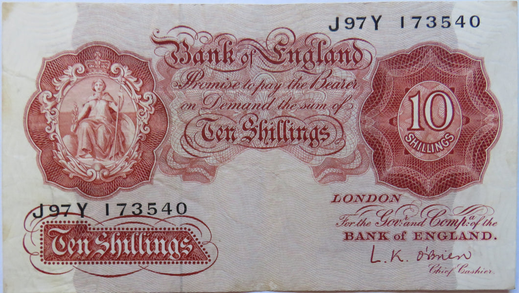 Bank of England 10 Ten Shillings Note (J97Y) L.K. O'Brien (1955-1961)