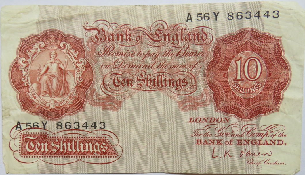 Bank of England 10 Ten Shillings Note (A56Y) L.K. O'Brien (1955-1961)