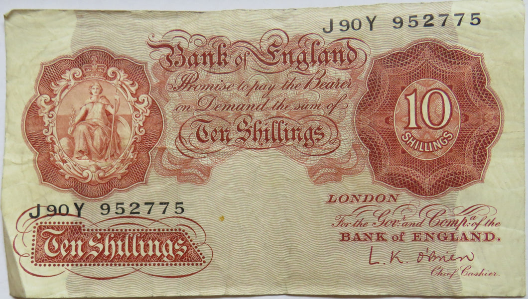 Bank of England 10 Ten Shillings Note (J90Y) L.K. O'Brien (1955-1961)
