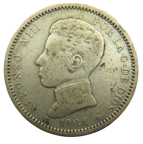 1904 Spain Silver One Peseta Coin