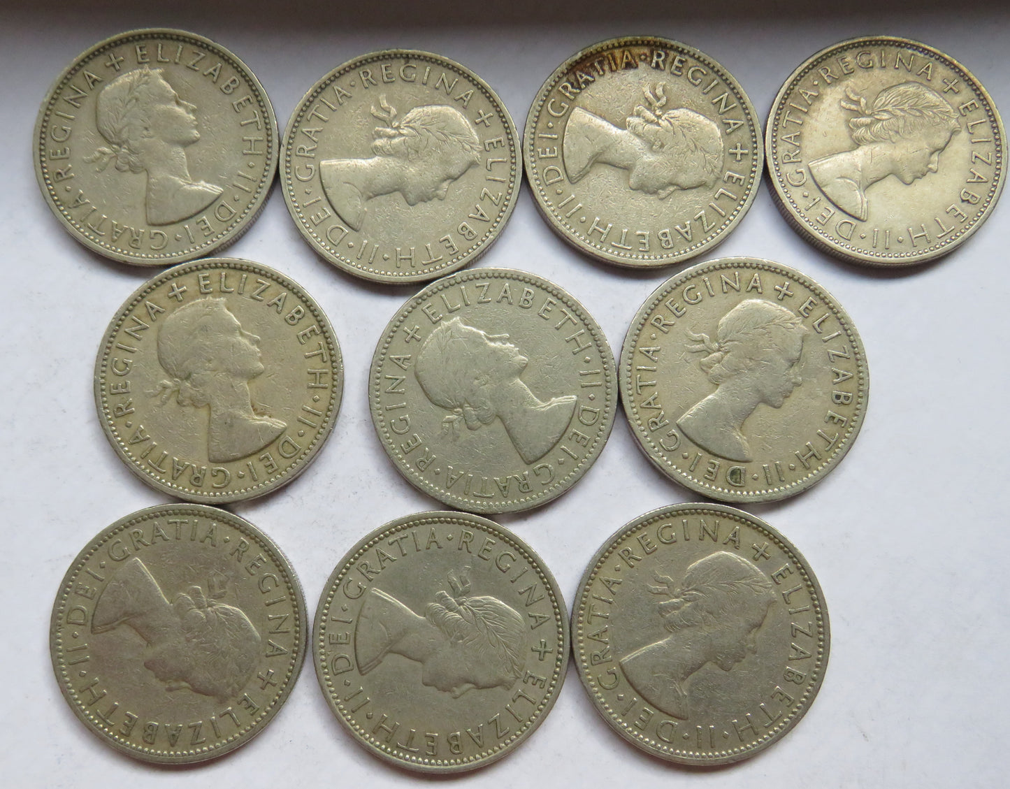 Bulk Lot of 10 x 1955 Queen Elizabeth II Florin / Two Shilling Coins