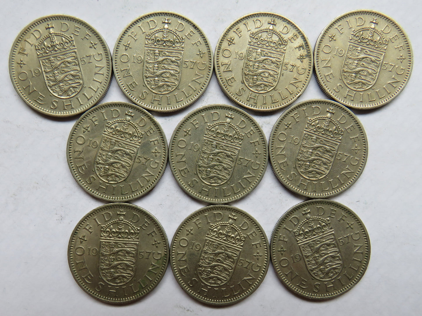 Bulk Lot of 10 x 1957 Queen Elizabeth II (English) Shilling Coins