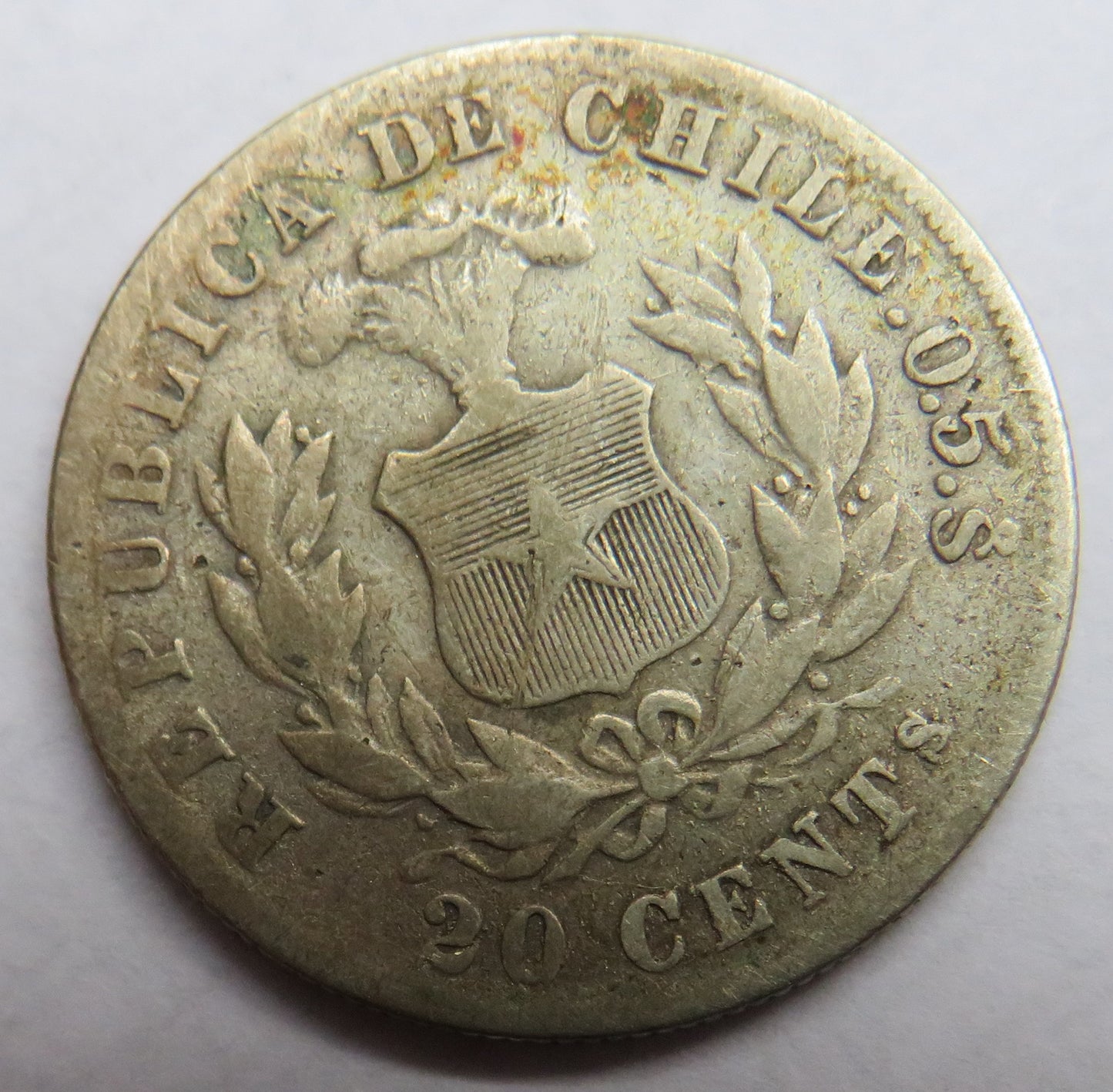 1881 Chile Silver 20 Centavos Coin