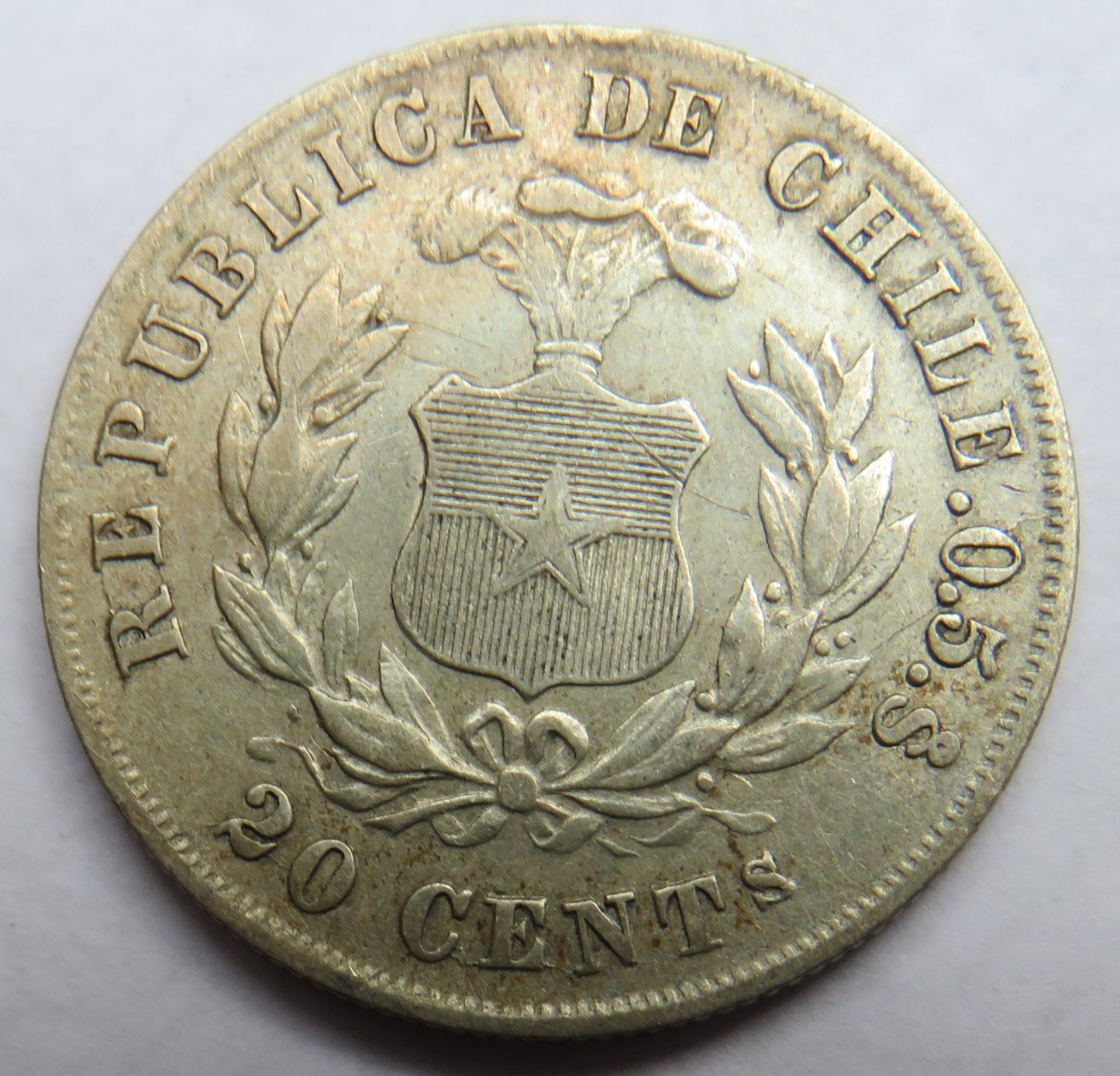 1881 Chile Silver 20 Centavos Coin